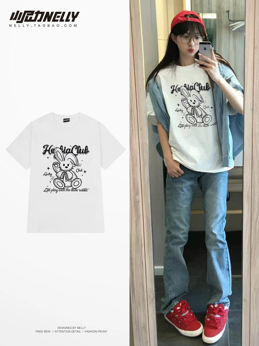 American ins trendy brand cute bunny short-sleeved T-shirt for men and women summer loose vintage printed half-sleeved tops