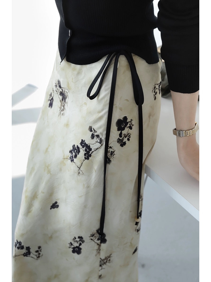 MZOMXO New Chinese-style high-waisted slim-fitting skirt Feminine Chinese style ink print A-line hip-hugging long skirt
