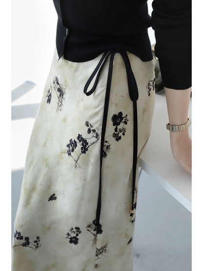 MZOMXO New Chinese-style high-waisted slim-fitting skirt Feminine Chinese style ink print A-line hip-hugging long skirt