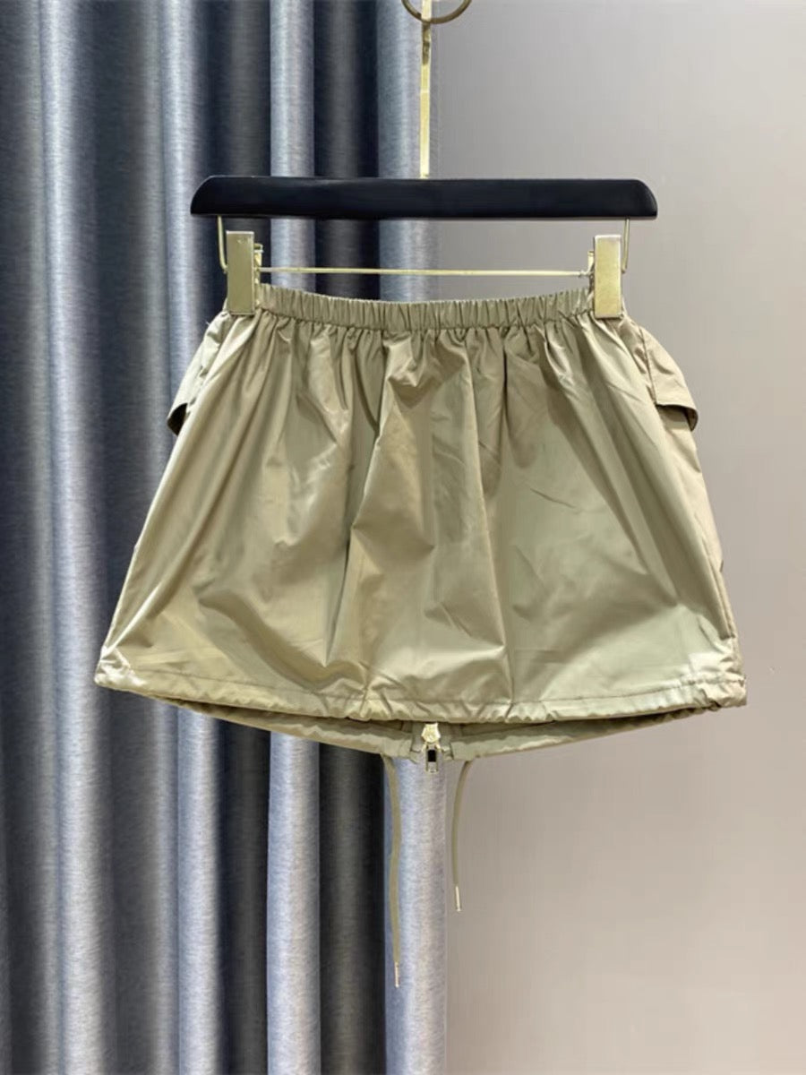 American thin section large pocket zipper tooling skirt women's summer elastic waist casual drawstring age-reducing A-line skirt