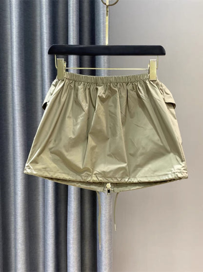 American thin section large pocket zipper tooling skirt women's summer elastic waist casual drawstring age-reducing A-line skirt