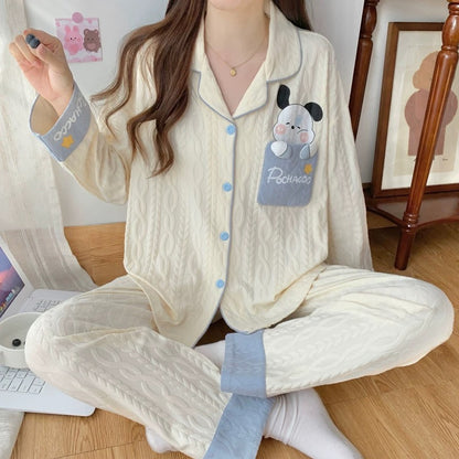 Pajamas women summer cardigan long-sleeved trousers suit summer ladies 2024 new cartoon spring autumn winter home clothes