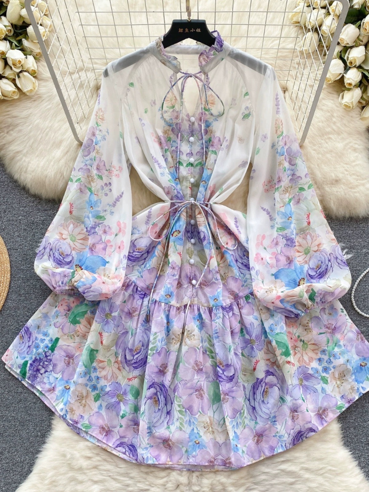 French dress spring women's sweet fungus collar buttoned slim short printed age-reducing puff sleeve holiday dress