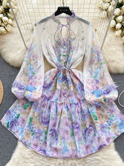 French dress spring women's sweet fungus collar buttoned slim short printed age-reducing puff sleeve holiday dress