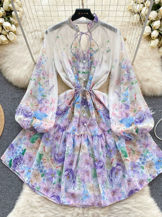 French dress spring women's sweet fungus collar buttoned slim short printed age-reducing puff sleeve holiday dress