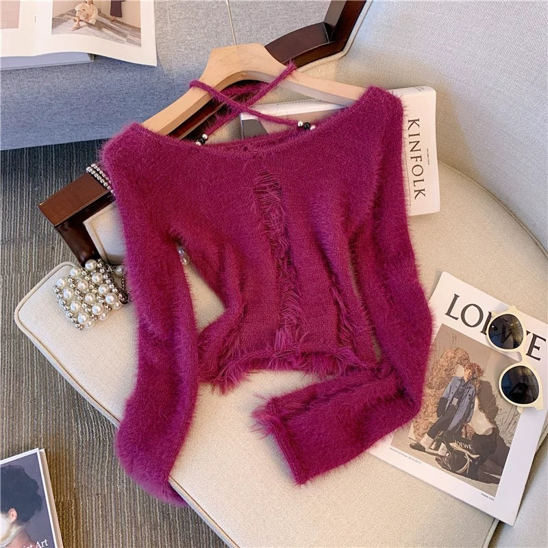 High-end pure desire sweet and spicy plum color one-shoulder imitation mink sweater ripped halterneck short sweater for women in autumn and winter