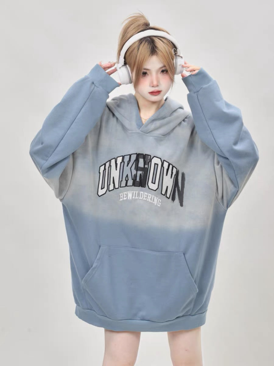 American retro niche oversize washed tie-dye gradient blue hooded sweatshirt for women spring and autumn 2023 new trend A3350