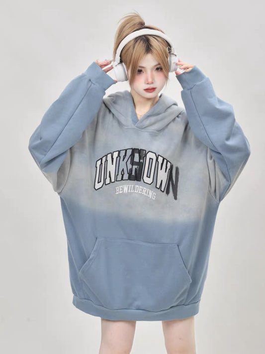 American retro niche oversize washed tie-dye gradient blue hooded sweatshirt for women spring and autumn 2023 new trend A3350