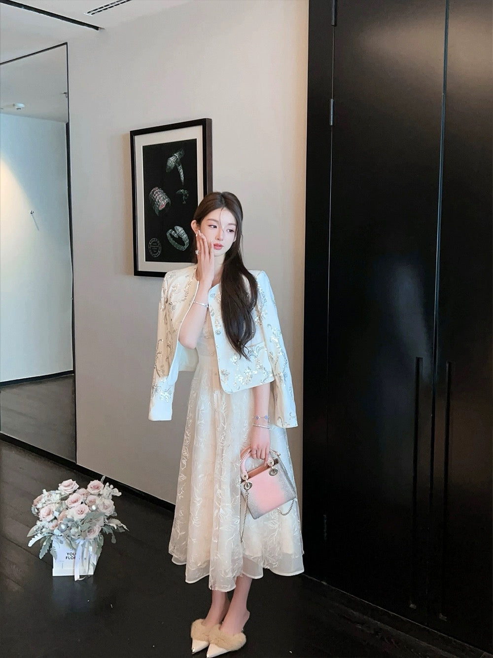 FairyJiang spring new style temperament lace embroidery v-neck white dress long slim waist skirt