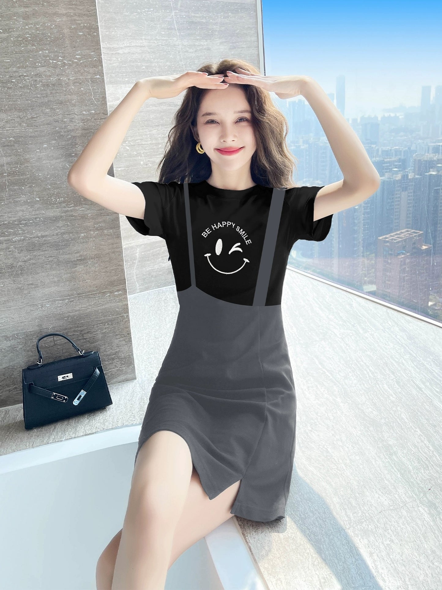 Fake two-piece black dress summer 2024 new women's clothing small black dress slim niche skirt female summer petite