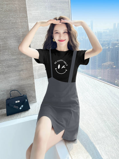 Fake two-piece black dress summer 2024 new women's clothing small black dress slim niche skirt female summer petite