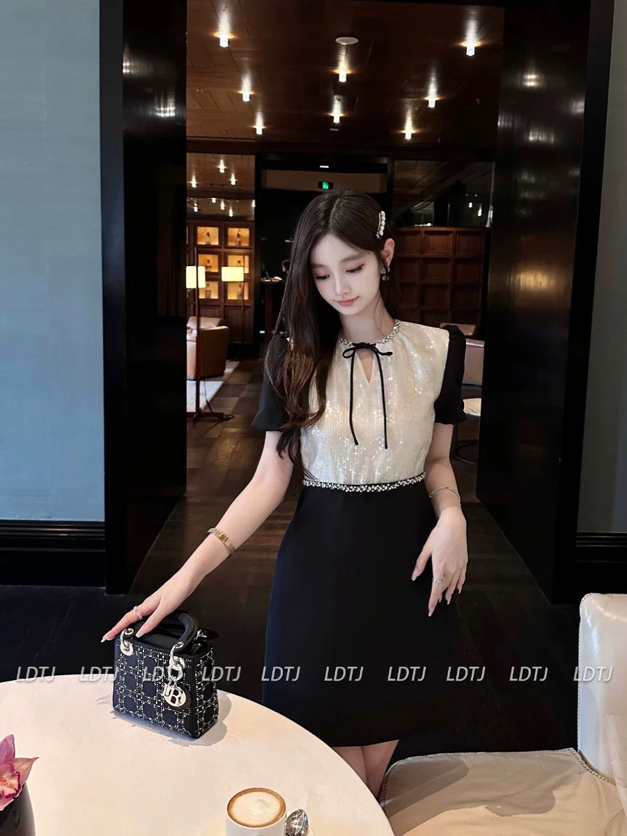 LDTJ Haute Couture 23 Autumn and Winter New Miu Celebrity Embroidered Sequins Light Luxurious Rhinestone Puff Sleeve Splicing Dress for Women