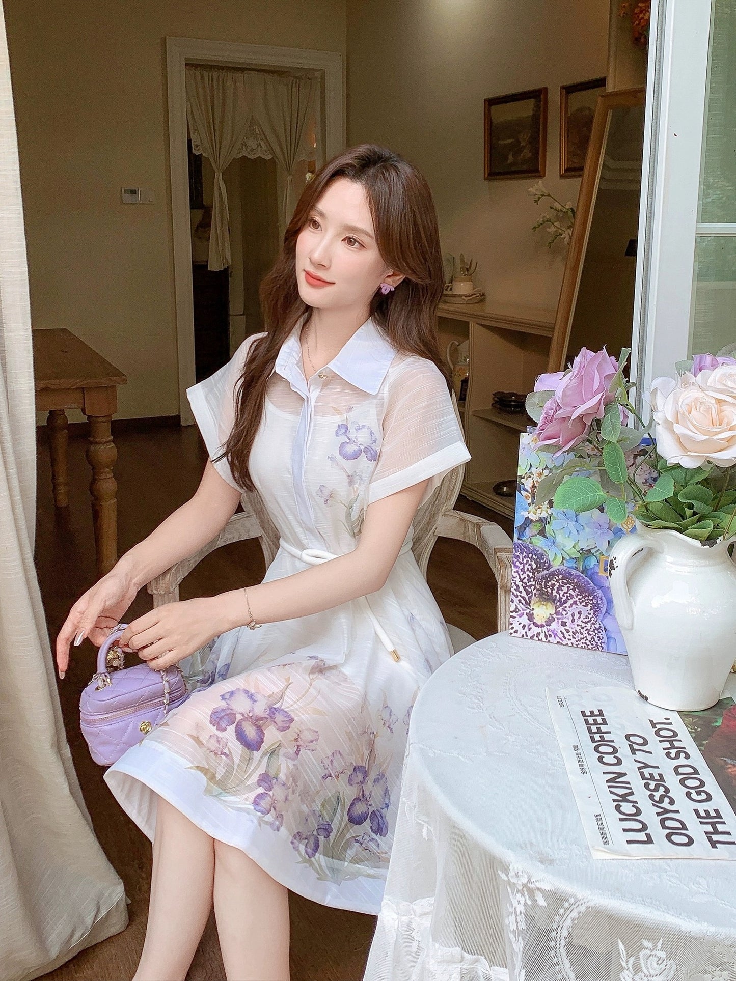 Zhang Xinzi [Spring and Bright Scenery] Printed shirt dress for women, new summer style, French lady skirt, mid-length
