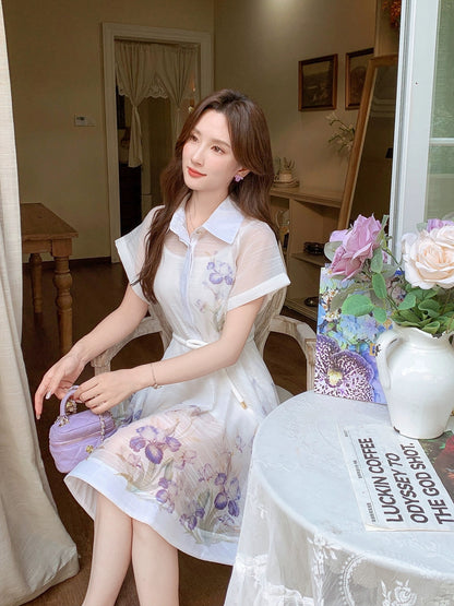 Zhang Xinzi [Spring and Bright Scenery] Printed shirt dress for women, new summer style, French lady skirt, mid-length