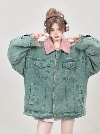 Winter American loose niche design green denim cotton jacket for women 2023 new thickened lamb wool cotton jacket A3342