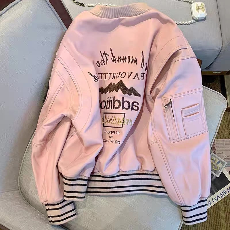 Korean chic fashion temperament pink baseball uniform women's winter sweet high-level lazy pu leather jacket coat