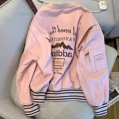 Korean chic fashion temperament pink baseball uniform women's winter sweet high-level lazy pu leather jacket coat