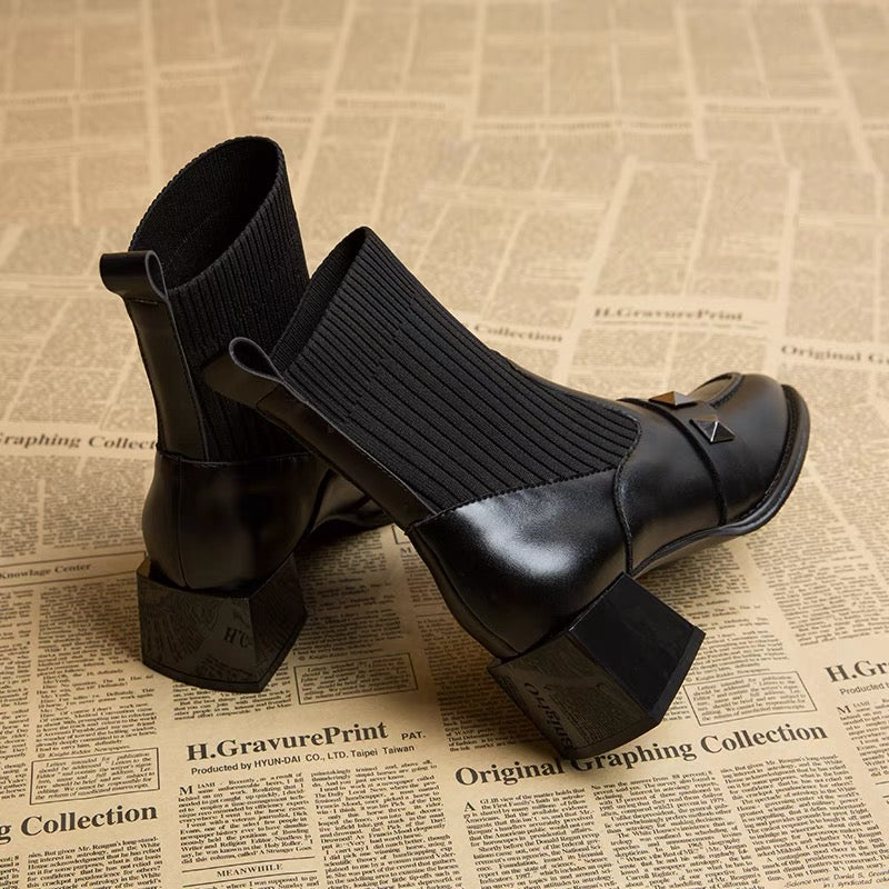 2023 Autumn and Winter Mid Heel High Heel Versatile Short Boots Thick Heel Thin Boots Women's Shoes Willow Stud Martin Boots Women's Elastic Sock Boots