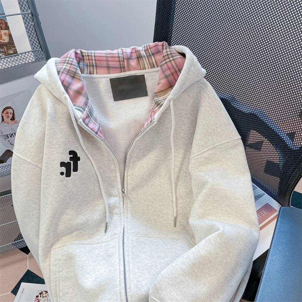 Korean lazy style contrast color plaid splicing hooded sweatshirt for men and women spring and autumn loose design niche jacket cardigan