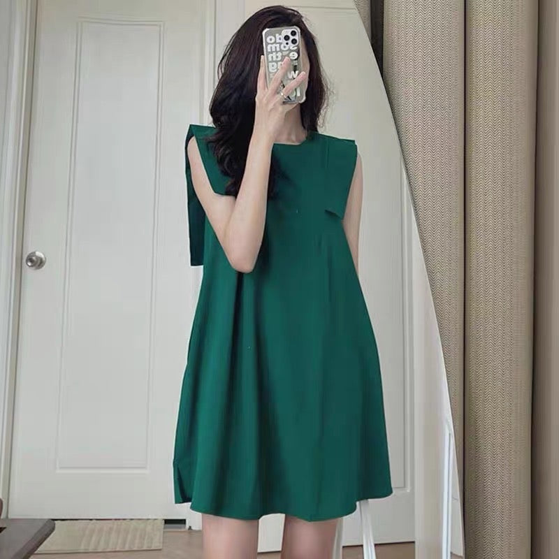 Korean chic summer minimalism niche round neck stitching design sense sleeveless A-line dress skirt female
