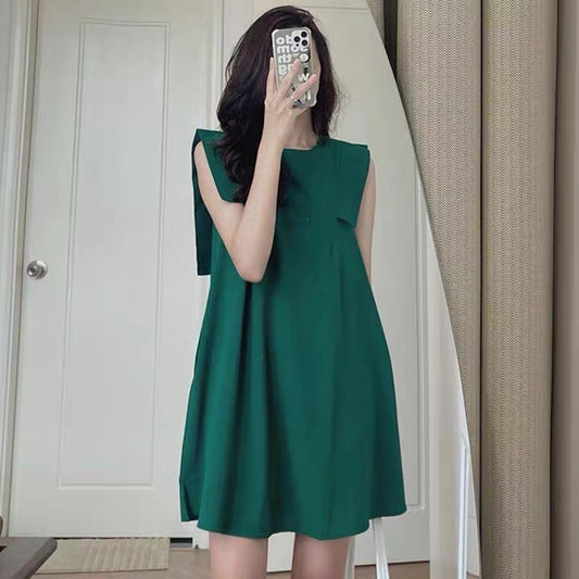 Korean chic summer minimalism niche round neck stitching design sense sleeveless A-line dress skirt female