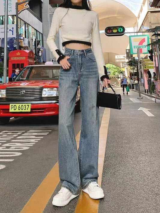 High-waist jeans women's wide-leg straight pants 2023 autumn new style loose hot diamond Hong Kong style retro floor-length pants (P127)