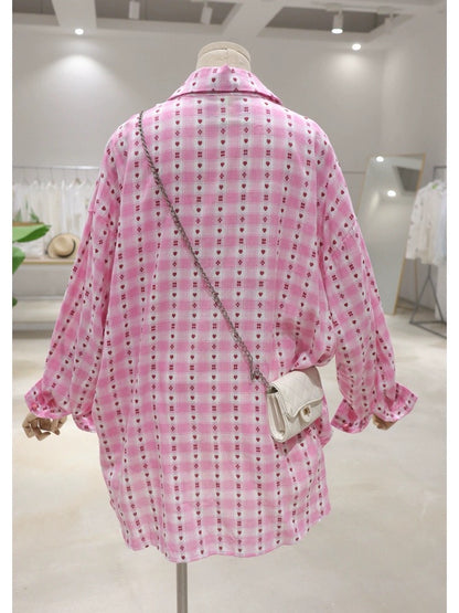 Soft and thin love lace stitching 2024 summer loose medium-length short front and long back plaid long-sleeved cotton shirt for women