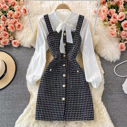 Autumn ladylike elegant bow tie shirt two-piece suit tweed plaid suspender dress