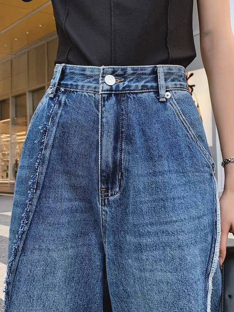 Super high-waisted wide-leg jeans for women straight-leg loose 2023 autumn new dad pants European style splicing boyfriend trendy (P135)