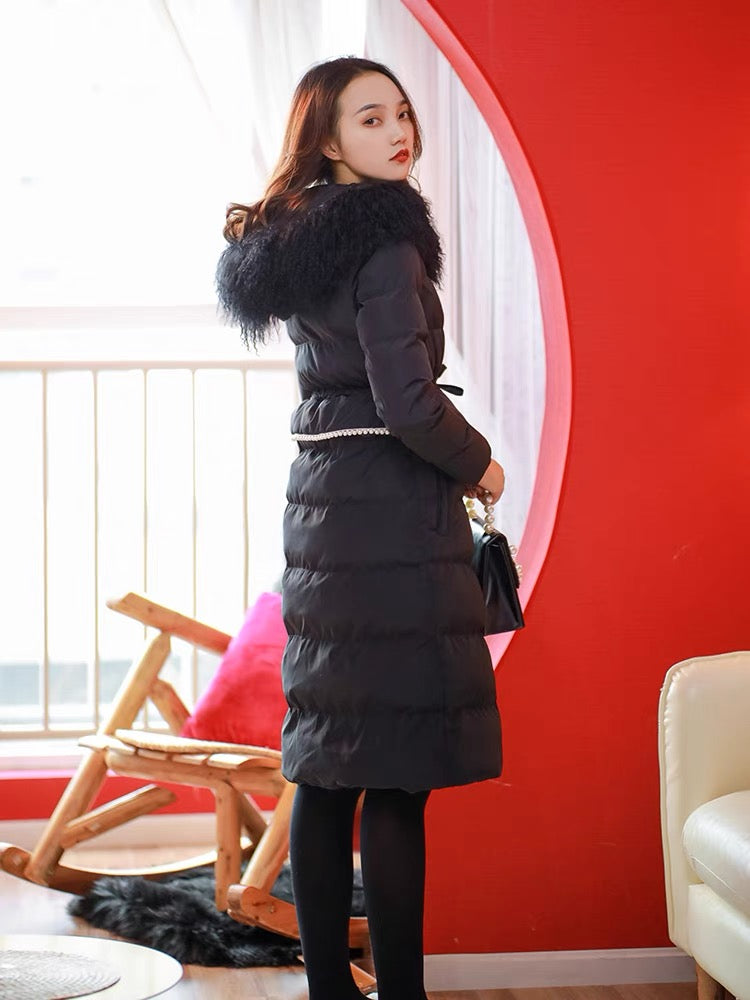 Nori French retro real fox fur collar hooded waist lace-up pearl slim fit thickened down jacket