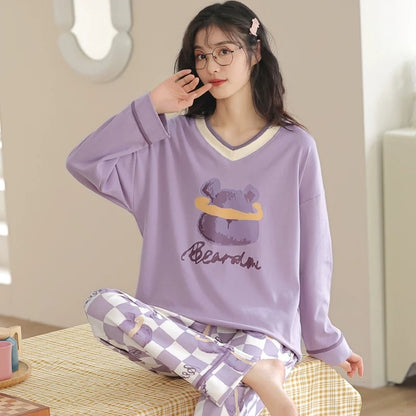 Pajamas for women Spring and Autumn 2024 new long-sleeved cotton large size summer cute autumn and winter home clothes suit