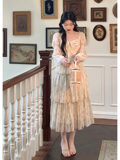 Tang Gongzi's stunning printed dress, slim fit, puff sleeves, French style, chiffon long skirt for seaside vacation