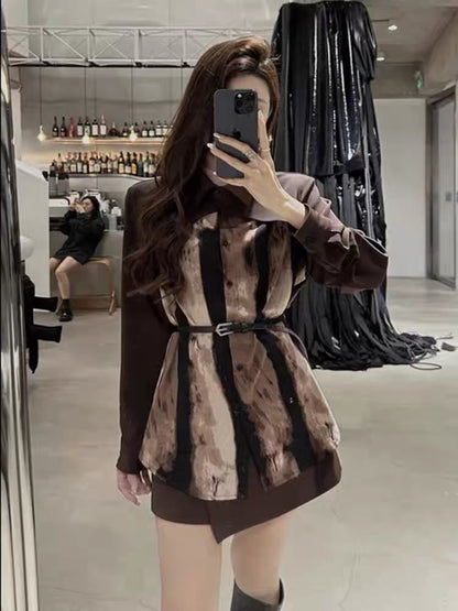Royal sister style suit for women 2023 new autumn design tie-dye patchwork shirt + irregular skirt