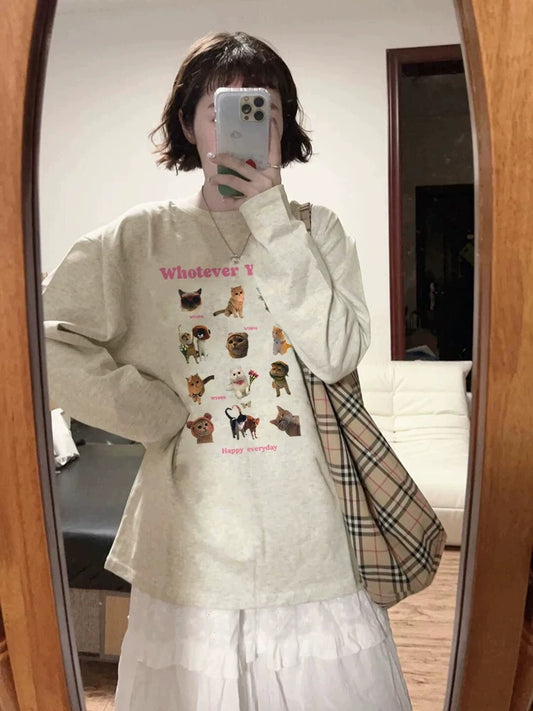 100% cotton American retro Hong Kong style chic straight shoulder long-sleeved T-shirt women's loose lazy niche design top
