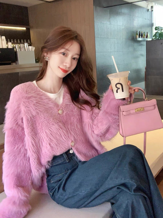 GUOGUOWOMEN Guoguojia imitation mink velvet jacket for women 2023 autumn and winter new cardigan fur top (S9974)