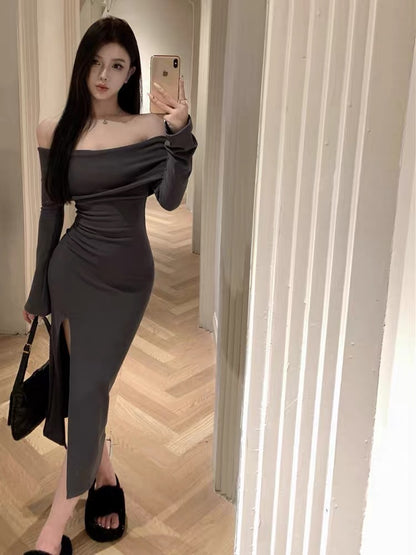 One-shoulder slim long-sleeved unique dress, super nice and sexy fishtail hip skirt, new autumn long dress for women A2265