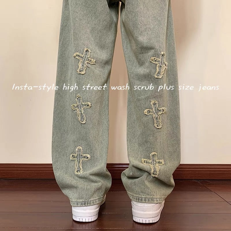 European and American high street vibe pants men's niche design sense American style yellow mud dyed jeans embroidery micro-launched straight-leg pants tide