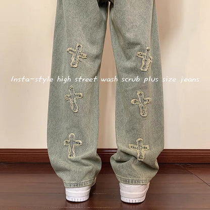 European and American high street vibe pants men's niche design sense American style yellow mud dyed jeans embroidery micro-launched straight-leg pants tide