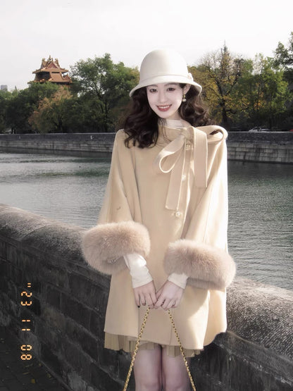 Retro elegant bow cape short wool double-sided woolen coat for women in autumn and winter T2364