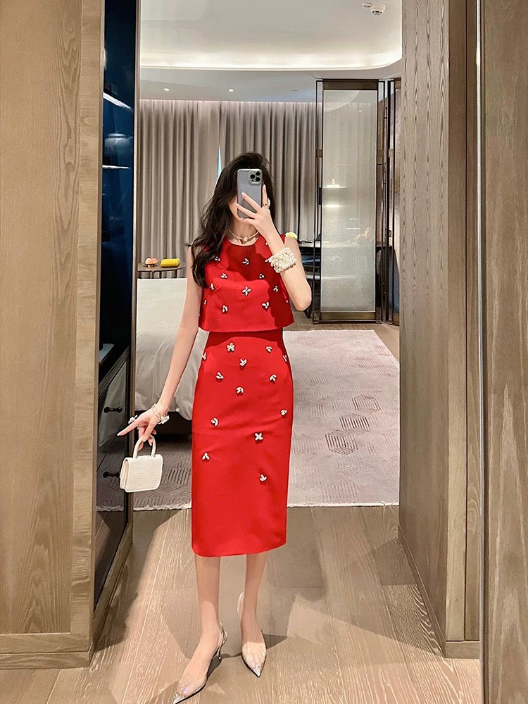 BETTER LS 2024 summer new style red suit for women half skirt lady temperament two-piece suit