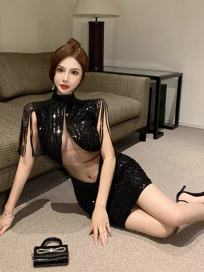 High-end light luxury banquet black evening dress for women summer sexy temperament mesh sequin slimming niche dress
