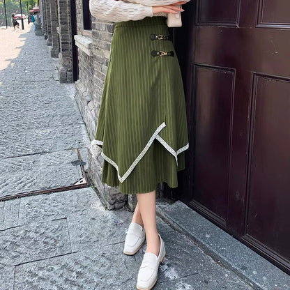 Autumn and winter striped skirt for women 2023 new style irregular high-waist slim umbrella skirt mid-length a-line hip-hugging long skirt