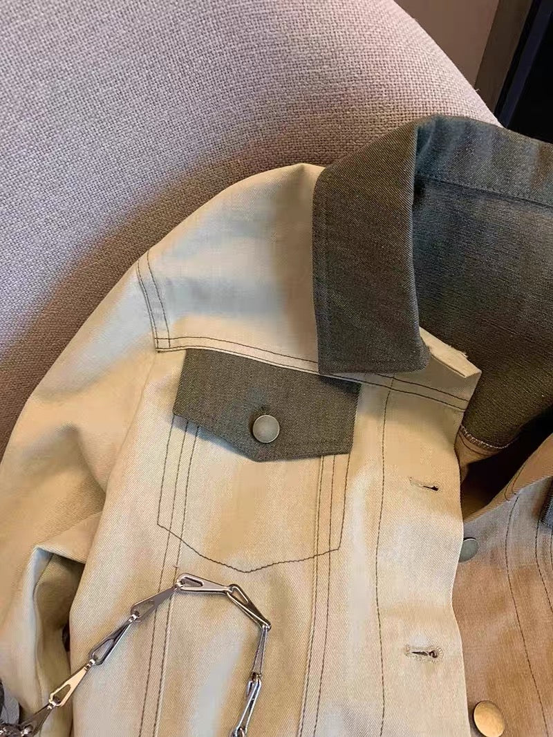 Tide brand design sense splicing contrast color lapel denim jacket men and women spring and autumn niche chic single-breasted jacket jacket
