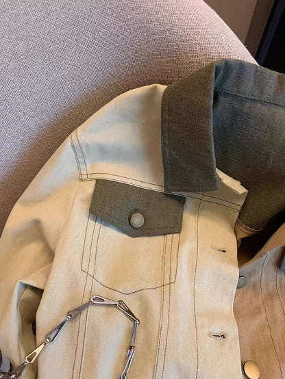 Tide brand design sense splicing contrast color lapel denim jacket men and women spring and autumn niche chic single-breasted jacket jacket