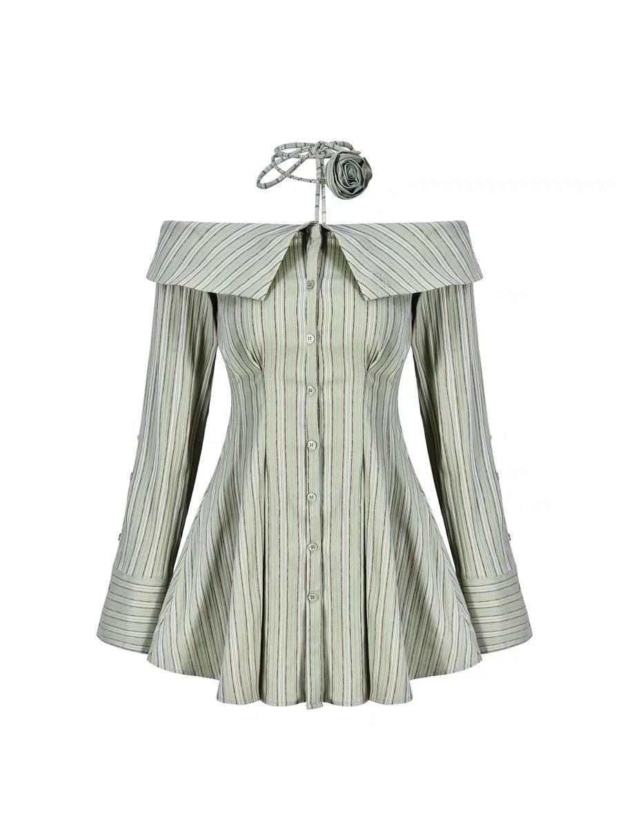 AGAM original design French niche pure lust style one-shoulder lapel waist dress striped off-shoulder shirt dress