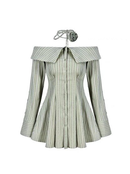 AGAM original design French niche pure lust style one-shoulder lapel waist dress striped off-shoulder shirt dress