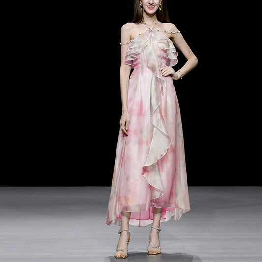 Summer women's clothing 2023 new temperament gradient red hanging neck waist slimming ruffled dress long skirt skirt fairy
