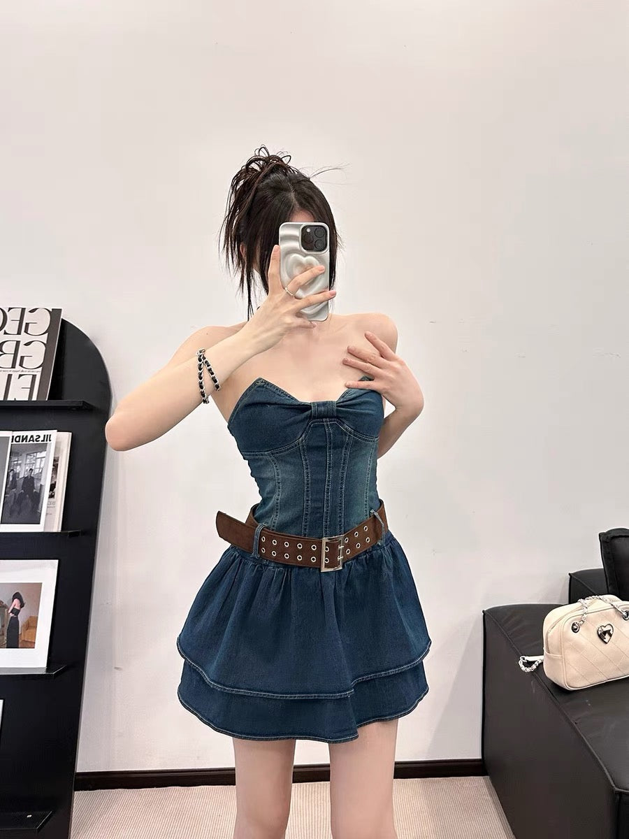EUSKY IIWAN Retro denim sweet hottie tube top dress with waist slimming tutu short A-line skirt (D659)