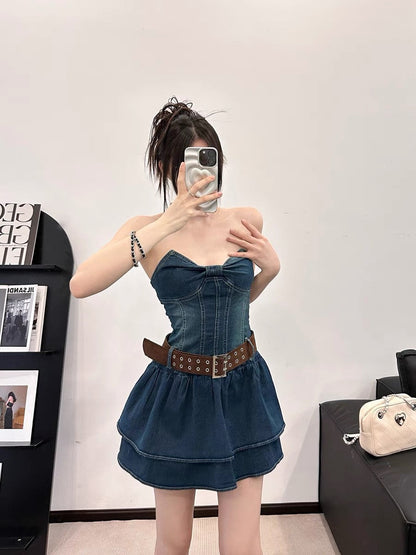 EUSKY IIWAN Retro denim sweet hottie tube top dress with waist slimming tutu short A-line skirt (D659)