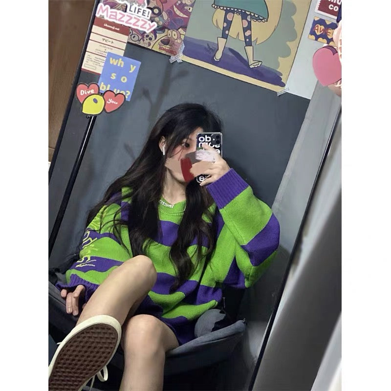 Lazy style ice cream stripe contrasting knitted sweater for women 2023 new loose autumn and winter round neck top trendy